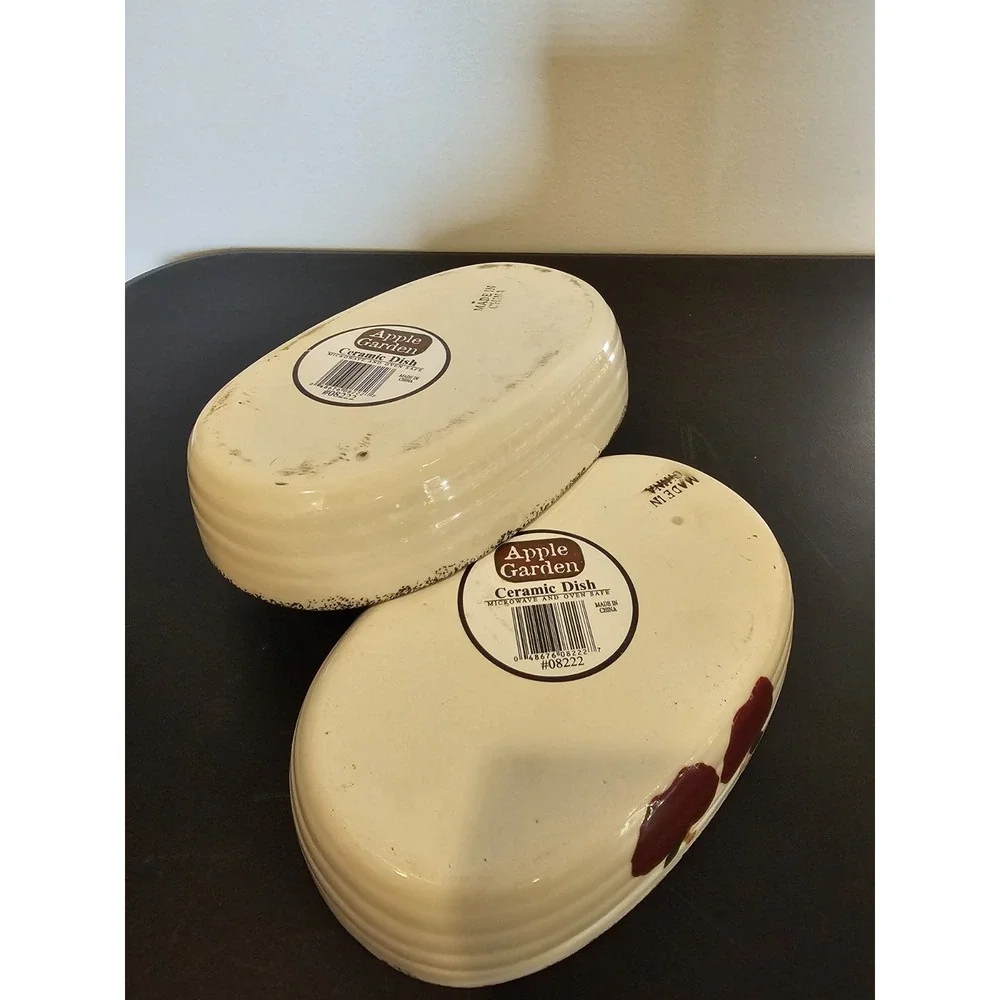 Apple Garden Ceramic Baker Bowls Set of 2 Oval Vintage Kitchen